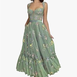 Brand new tulle floral embroidered green dress
